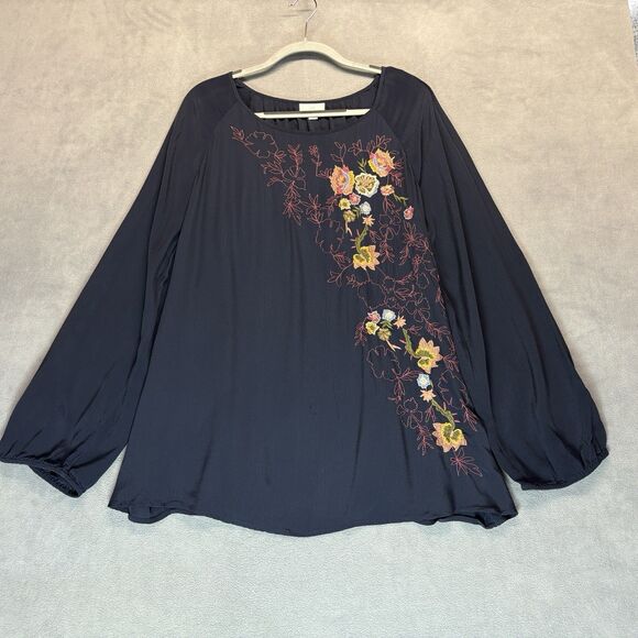 J Jill Size 3X Embroidered Floral Blouse Navy Long Sleeve Boho Peasant - Picture 2 of 8
